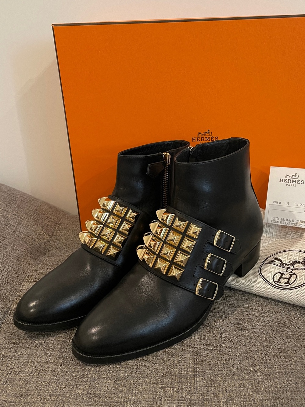 Hermes Black Leather Ankle Boots with Gold Studded Buckle